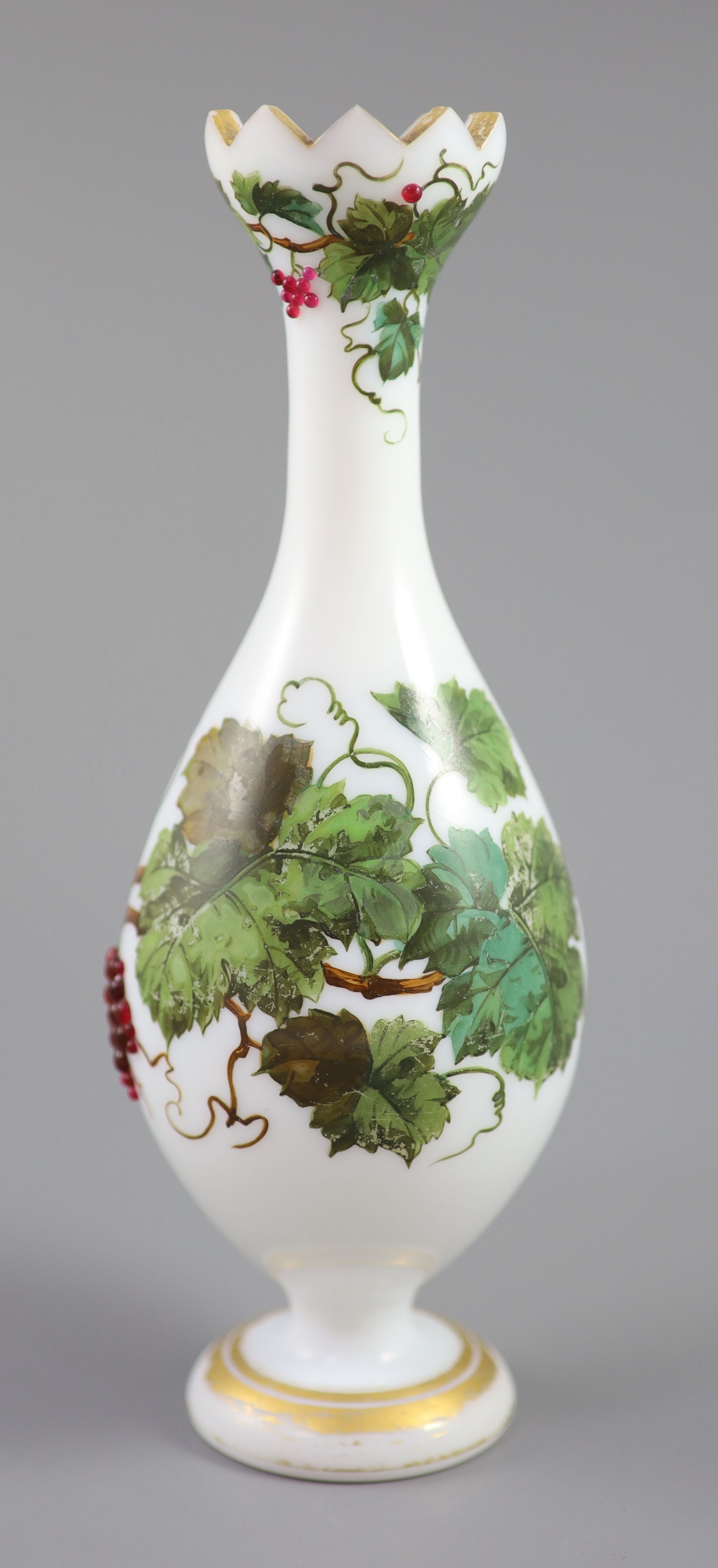 A French opaline glass vase with applied grapes and a pair of Webb style ruby and white glass vases, tallest 26cm